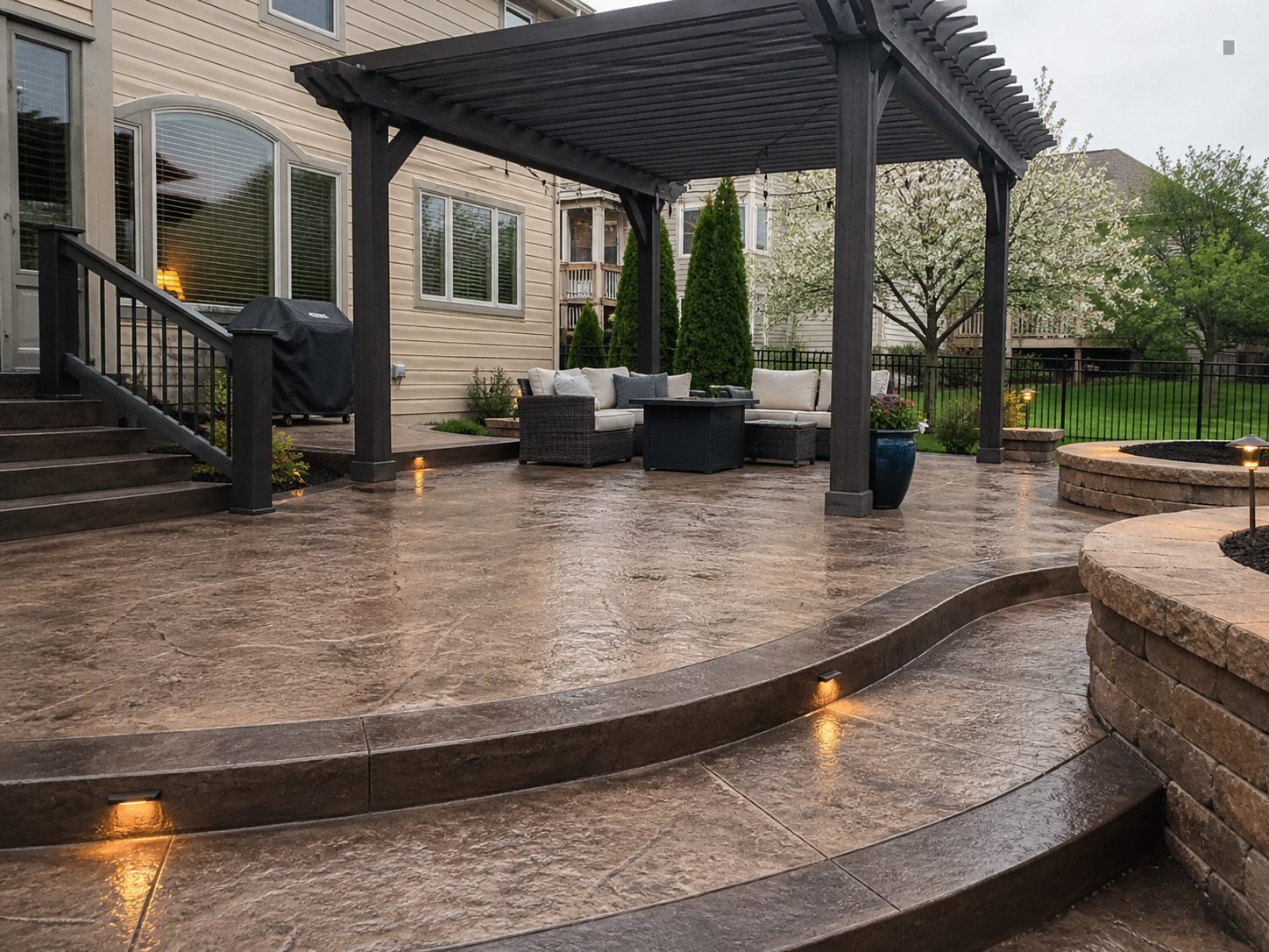 Beautiful stamped concrete patio with pergola and integrated lighting in Lee's Summit, MO