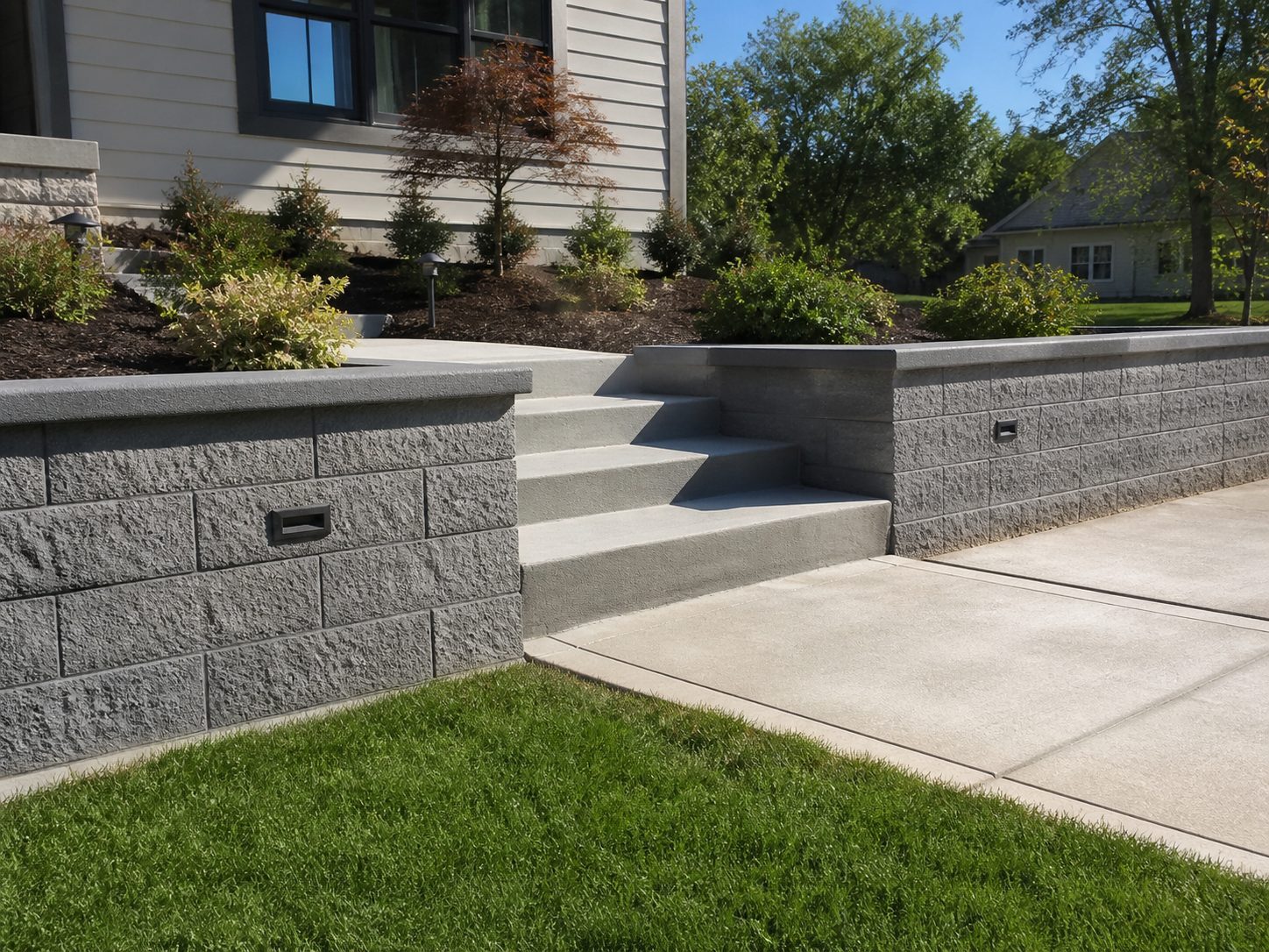 Finished concrete retaining wall with steps at a residential property — functional and well-built