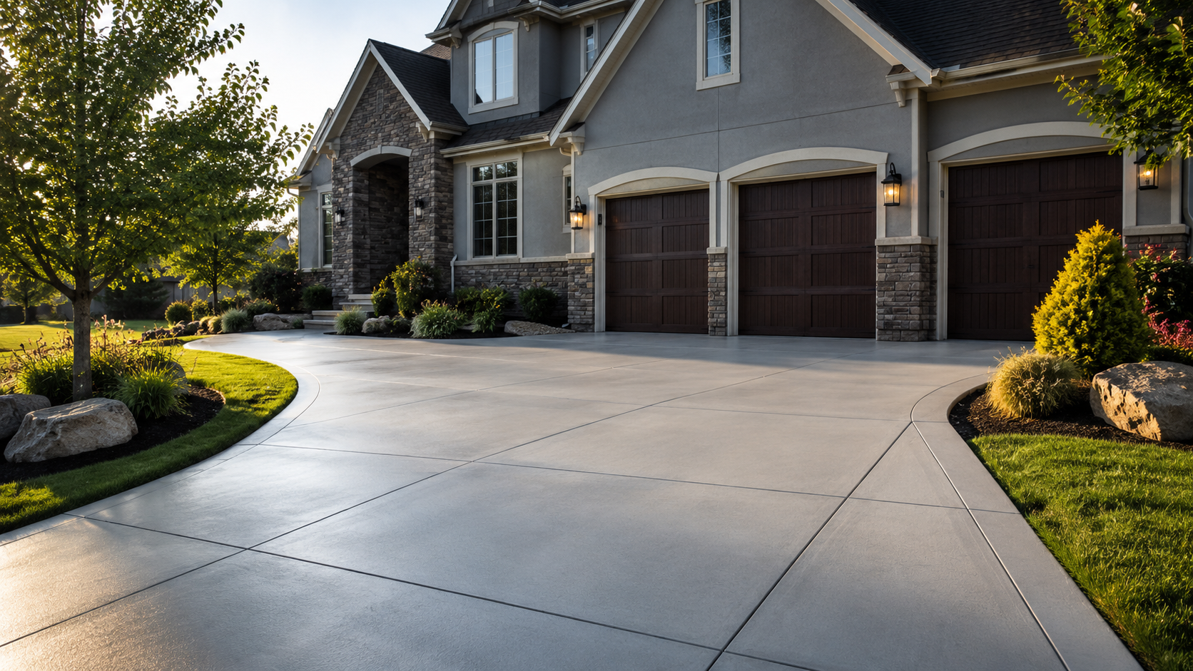 Finished residential concrete driveway at a Lee's Summit, MO home — new installation with curb appeal