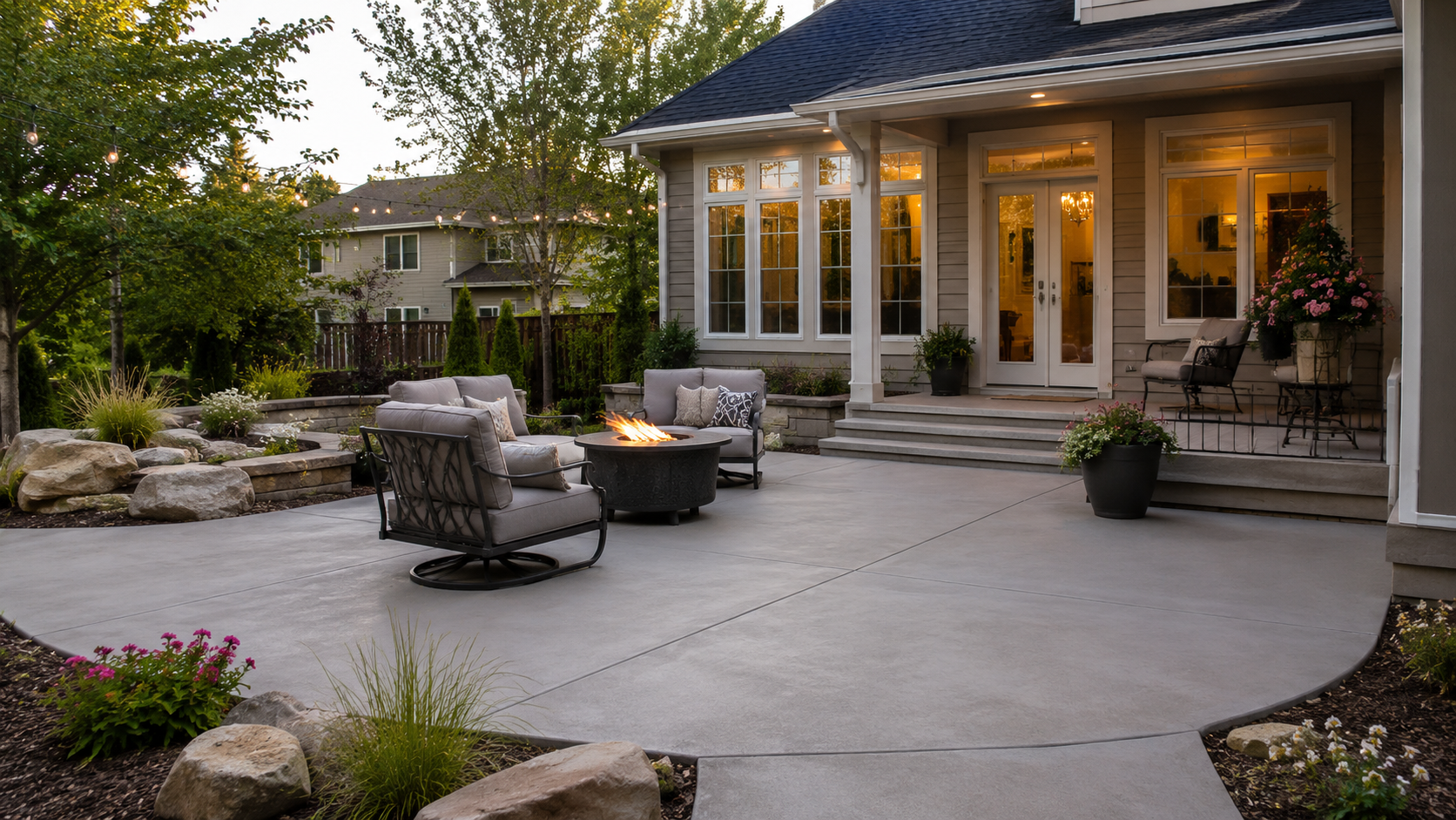Finished residential concrete patio in Lee's Summit, MO — outdoor living space with fire pit setting