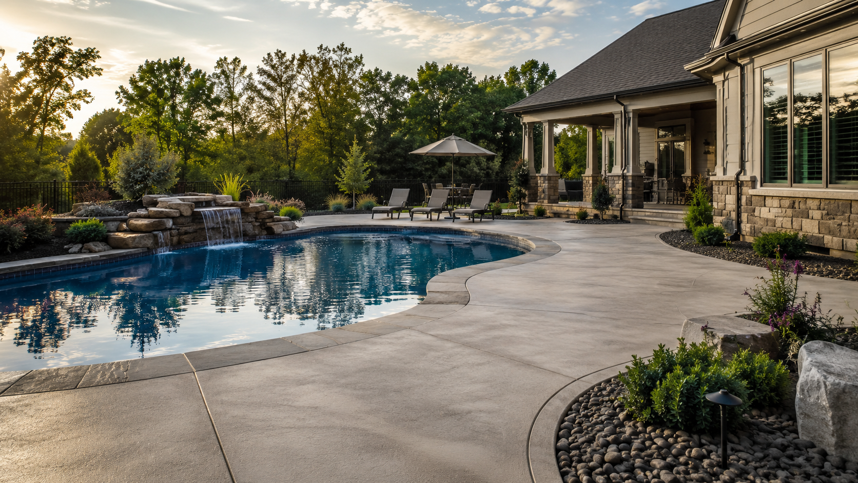 Finished concrete pool deck in Lee's Summit, MO — clean slip-resistant surface surrounding a residential pool with lush landscaping