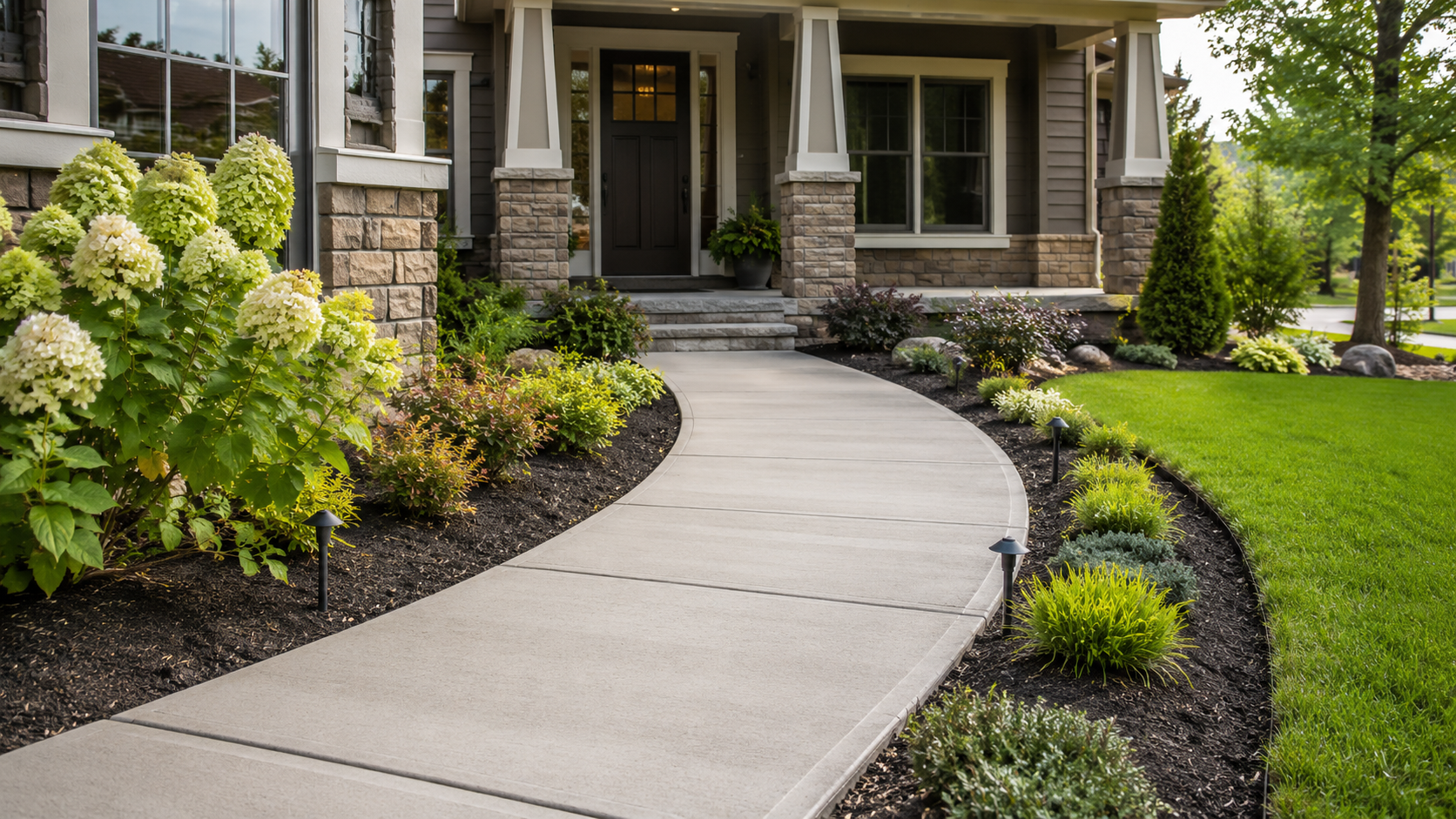 Finished residential concrete sidewalk and walkway in Lee's Summit, MO — curved front walk leading to a craftsman-style home entry
