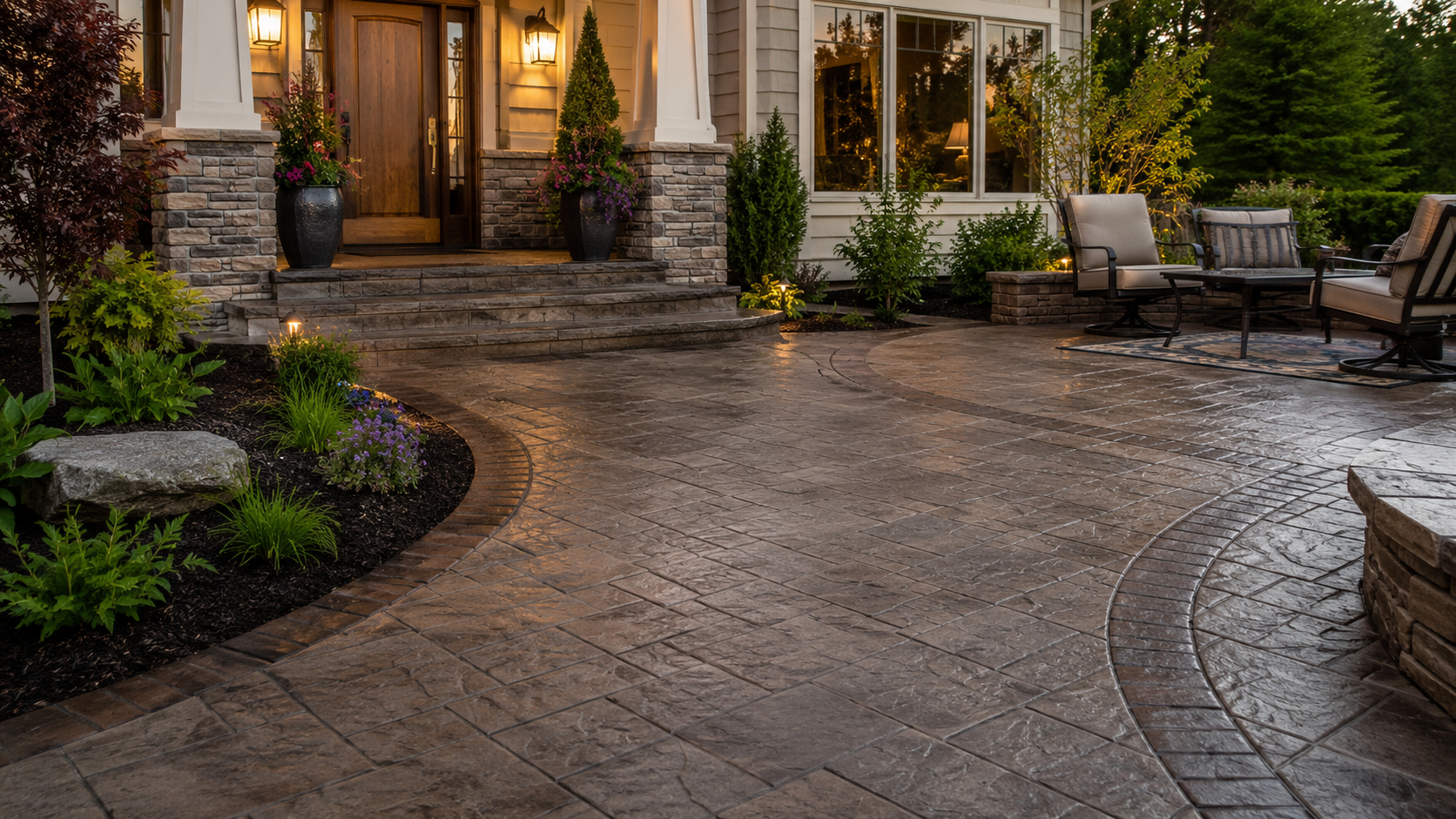 Stamped decorative concrete patio with twilight lighting and lush landscaping in Lee's Summit, MO