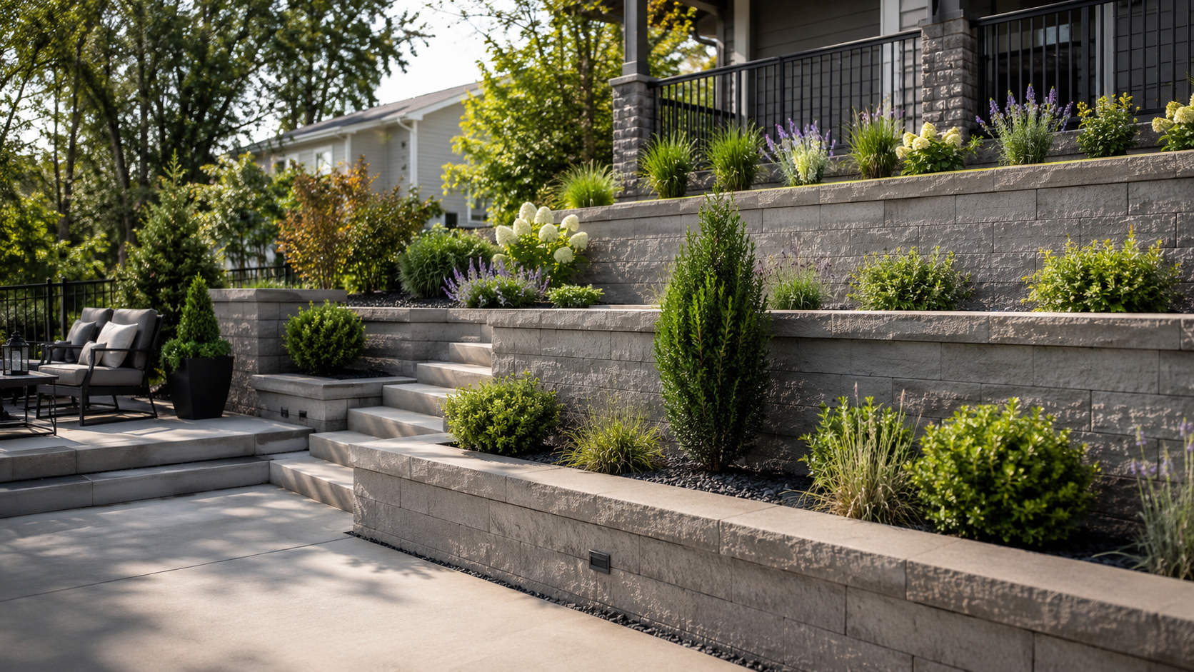 Modern terraced concrete retaining wall with elegant landscaping in Lee's Summit, MO — residential slope and drainage solution