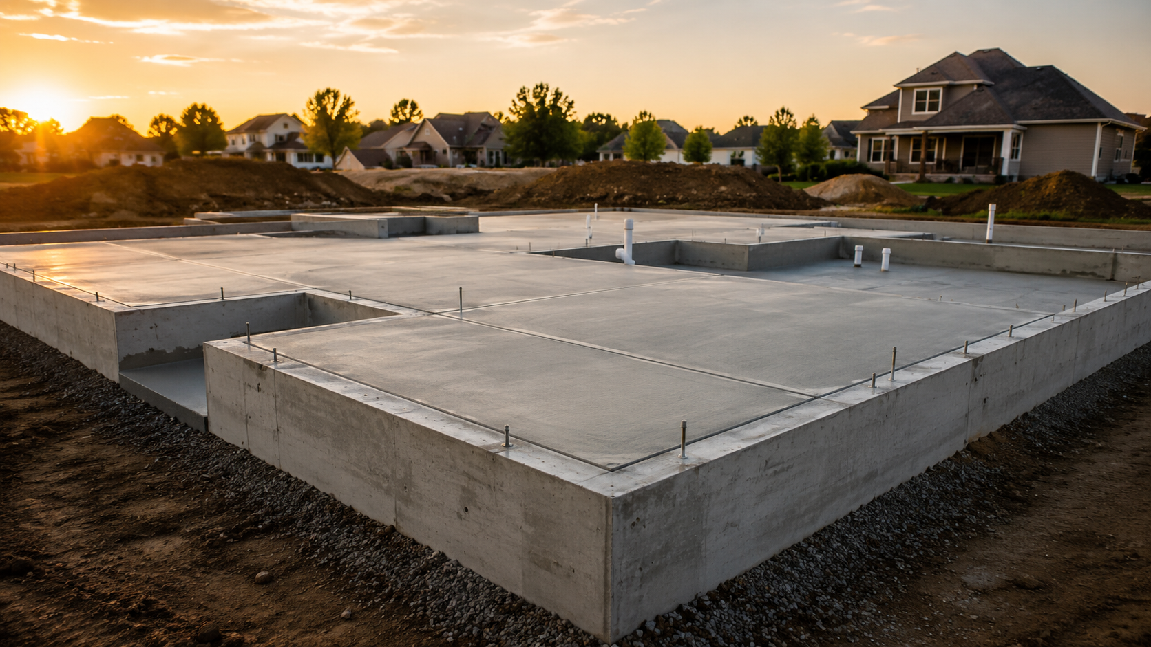 New concrete foundation at sunset in Lee's Summit, MO — reinforced slab and sitework for a commercial construction project