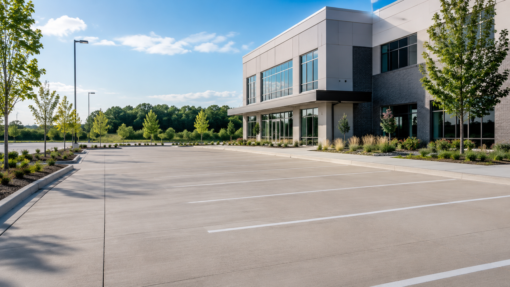 Modern commercial office building with expansive concrete parking lot in Lee's Summit, MO