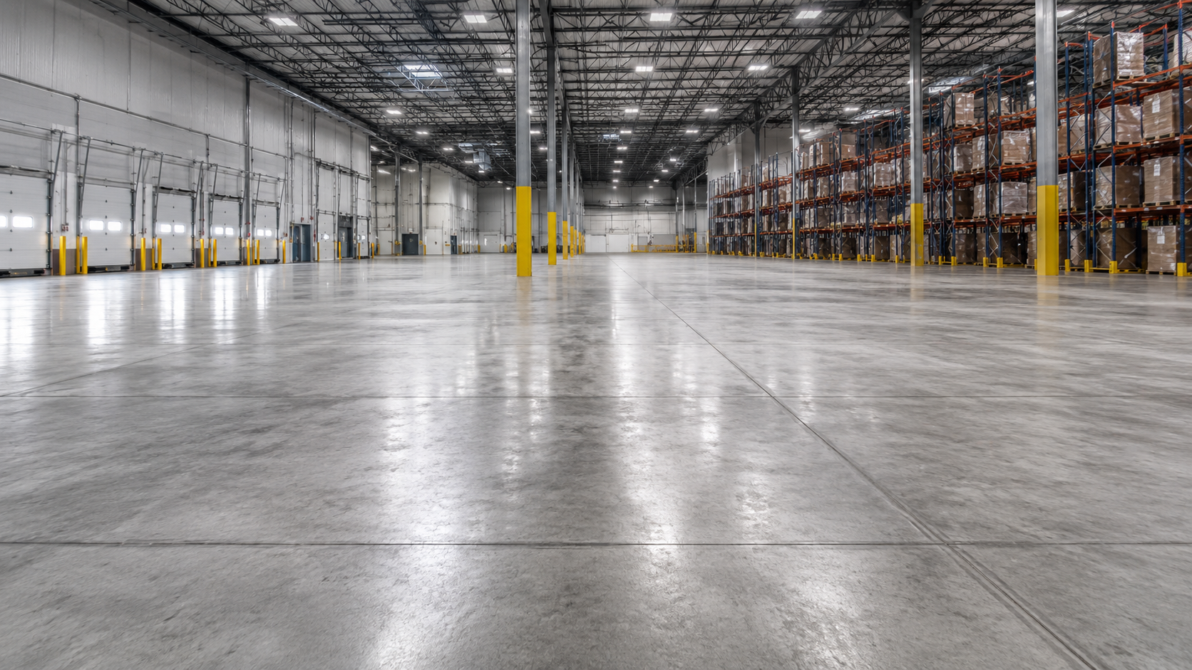 Industrial warehouse interior with concrete floor and storage racks in Lee's Summit, MO — durable slab for forklift and logistics operations